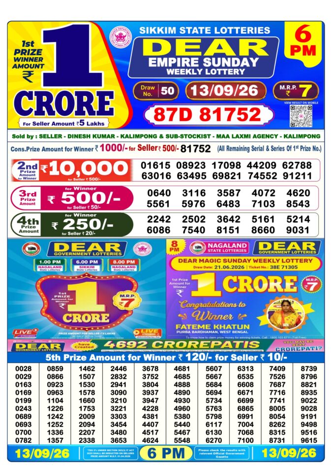 13-09-26 Sikkim State Lottery 6 PM Dear Result Lottery Result Today 13.09.26