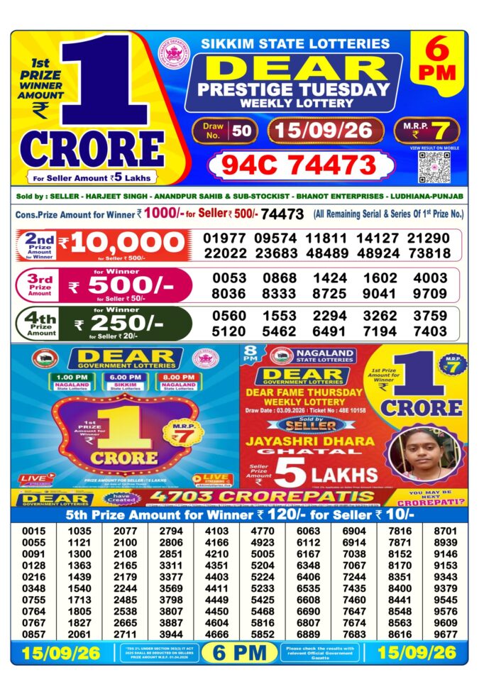 15-09-26 Sikkim State Lottery 6 PM Dear Result Lottery Result Today 15.09.26
