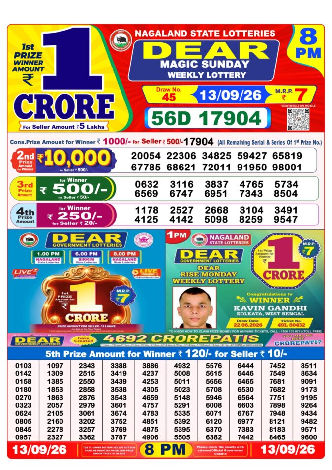 13-09-26 Nagaland Lottery Sambad 8 PM Result Dear Lottery Lottery Result Today 13.09.26