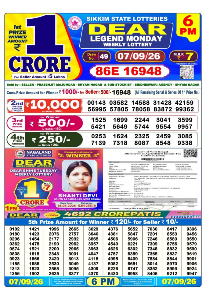07-09-26 Sikkim State Lottery 6 PM Dear Result Lottery Result Today 07.09.26