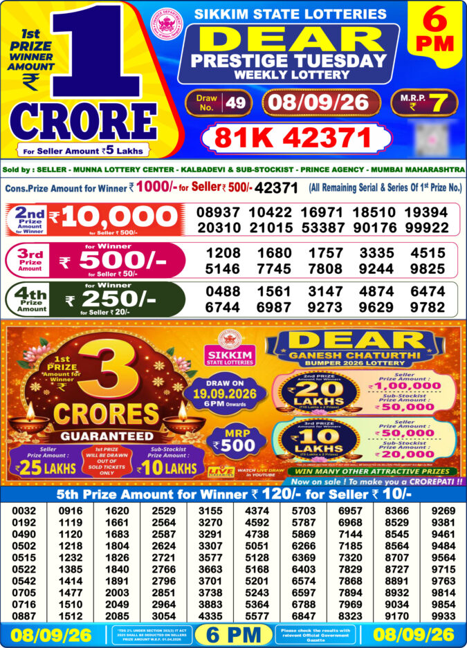 08-09-26 Sikkim State Lottery 6 PM Dear Result Lottery Result Today 08.09.26