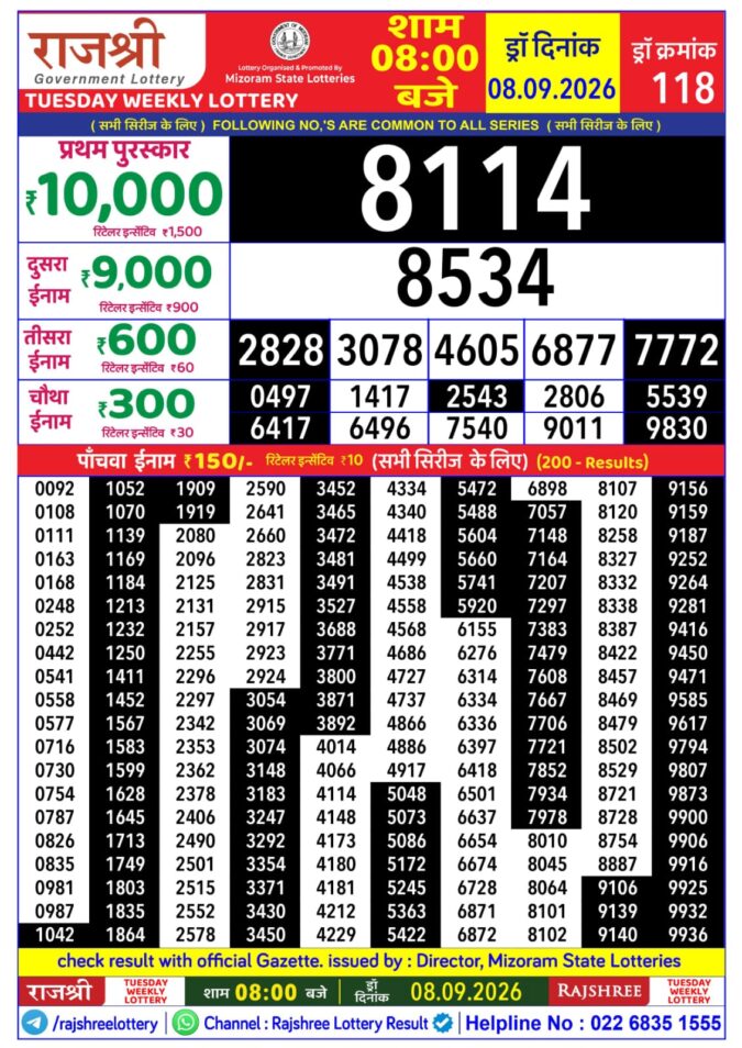 08-09-26 Rajshree Lottery 8 PM Result Today Lottery Result Today 08.09.26