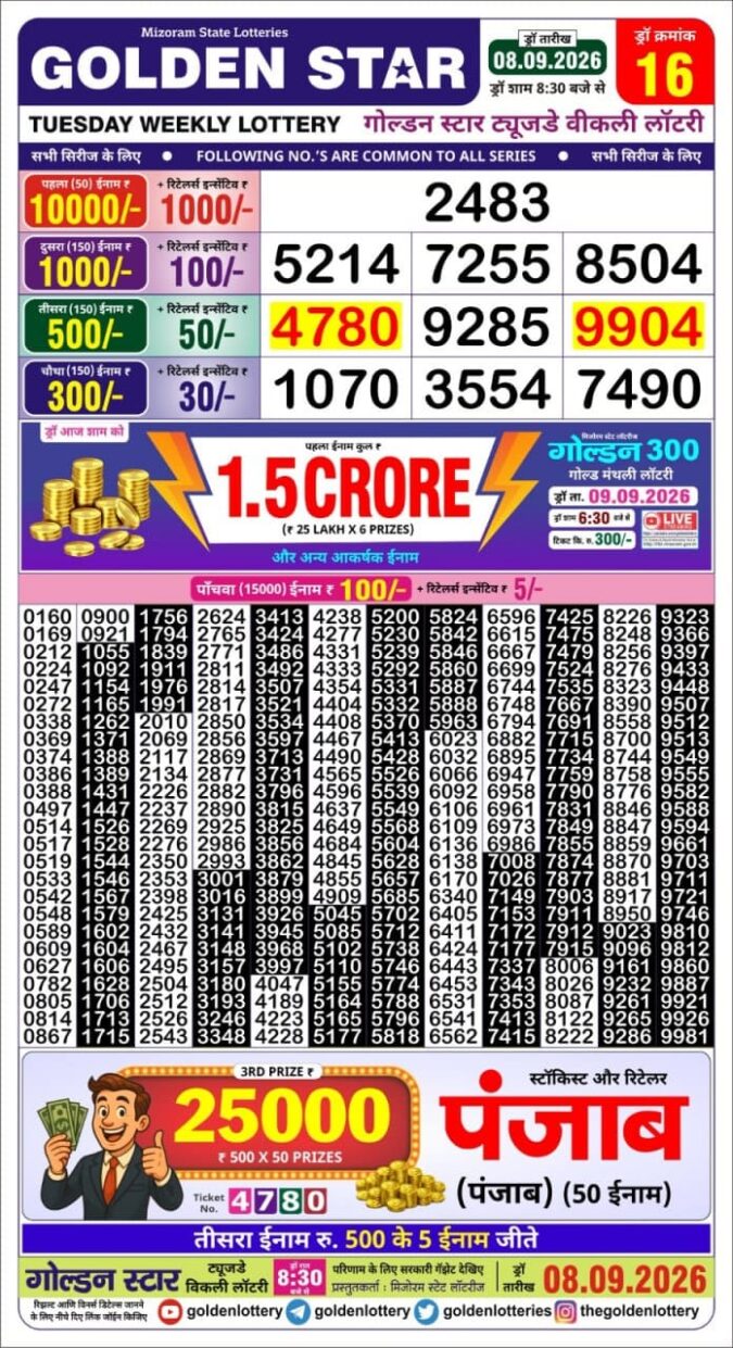08-09-26 Golden Star Weekly 8:30 PM Result Today Lottery Result Today 08.09.26