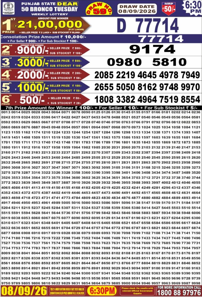 08-09-26 Punjab State Lotteries Dear 50 6:30 PM Result Lottery Result Today 08.09.26