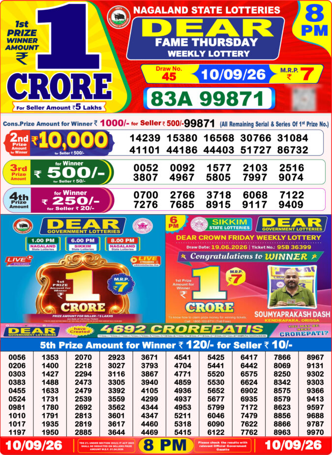 10-09-26 Nagaland Lottery Sambad 8 PM Result Dear Lottery Lottery Result Today 10.09.26