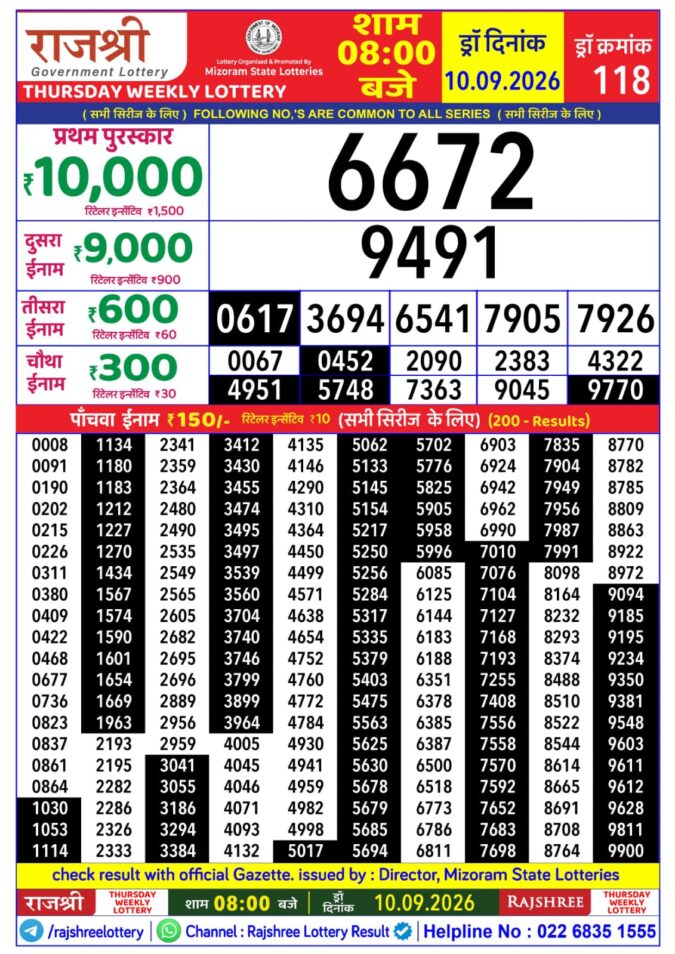 10-09-26 Rajshree Lottery 8 PM Result Today Lottery Result Today 10.09.26