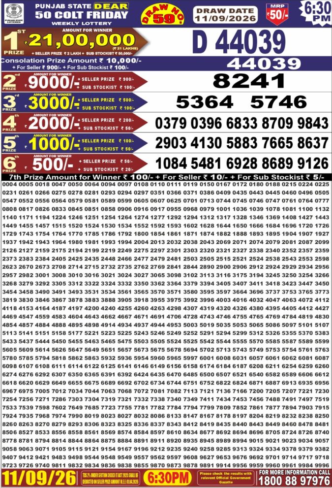 11-09-26 Punjab State Lotteries Dear 50 6:30 PM Result Lottery Result Today 11.09.26