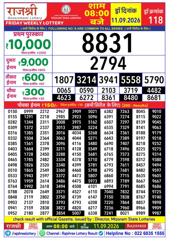 11-09-26 Rajshree Lottery 8 PM Result Today Lottery Result Today 11.09.26