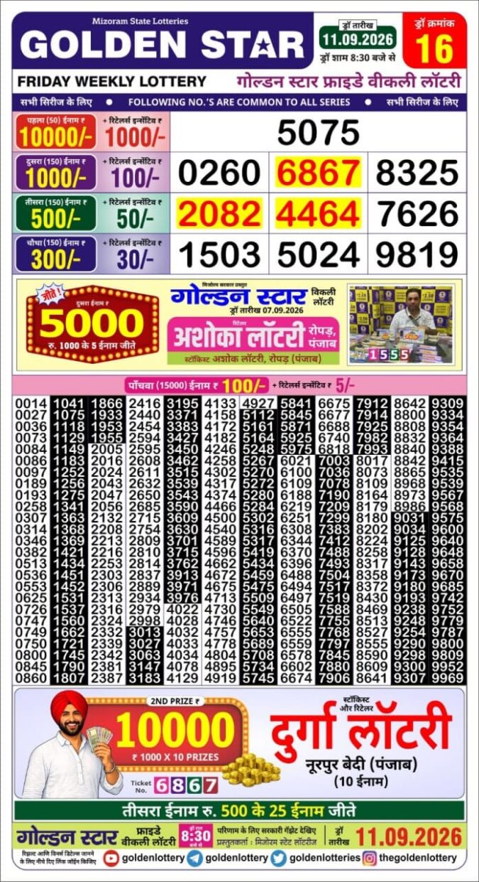 11-09-26 Golden Star Weekly 8:30 PM Result Today Lottery Result Today 11.09.26