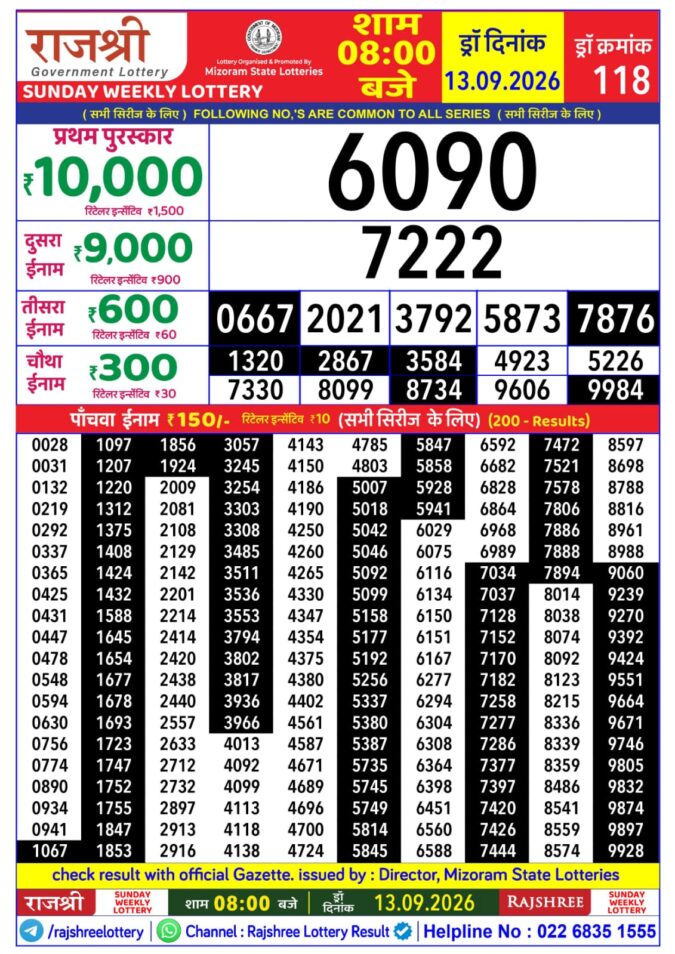 13-09-26 Rajshree Lottery 8 PM Result Today Lottery Result Today 13.09.26
