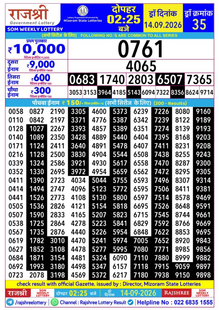 14-09-26 Rajshree Lottery 2.25 PM Result Lottery Result Today 14.09.26