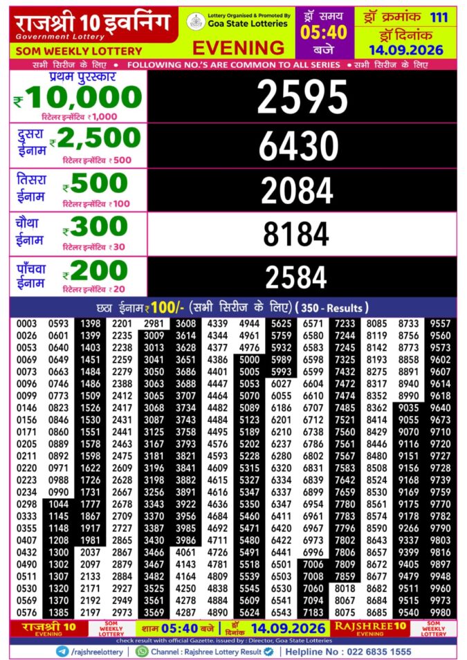 14-09-26 Rajshree 10 Evening 5:40 PM Result Lottery Result Today 14.09.26