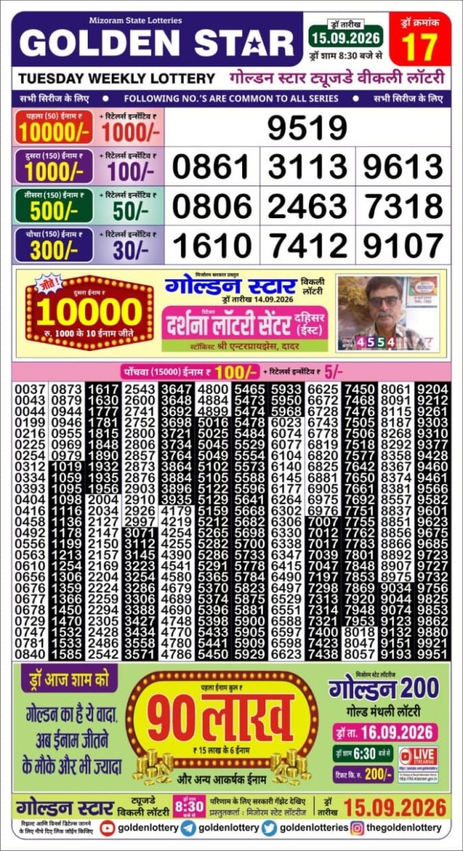 15-09-26 Golden Star Weekly 8:30 PM Result Today Lottery Result Today 15.09.26