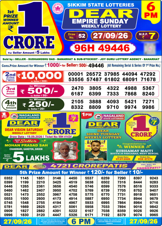 27-09-26 Sikkim State Lottery 6 PM Dear Result Lottery Result Today 27.09.26