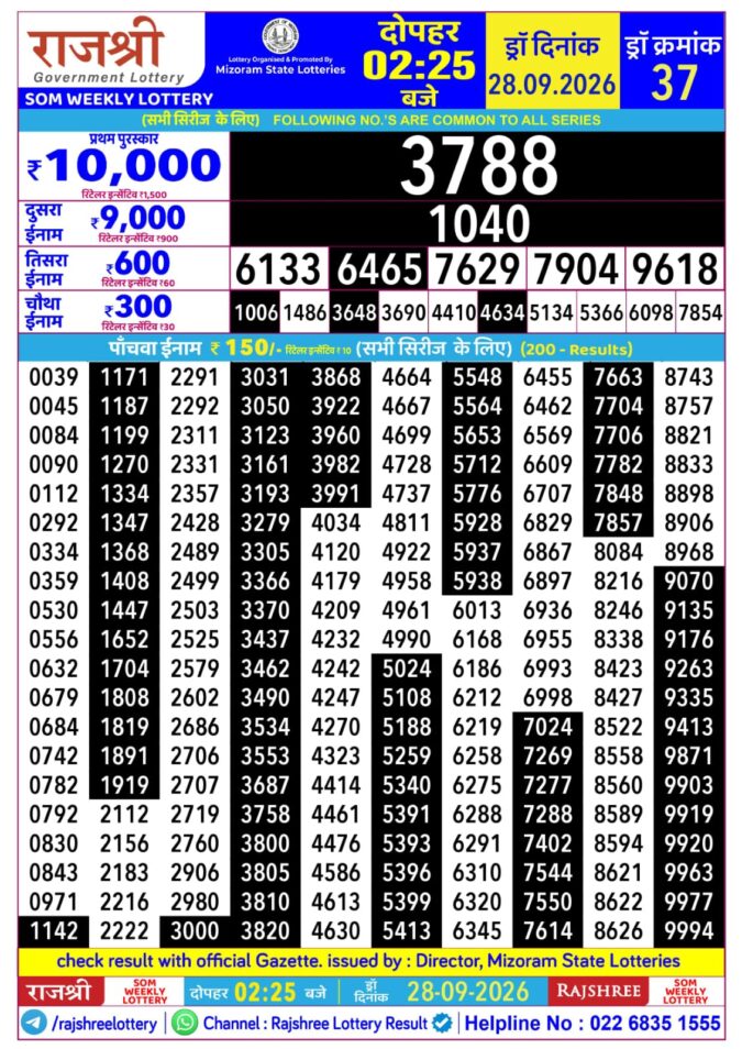 28-09-26 Rajshree Lottery 2.25 PM Result Lottery Result Today 28.09.26