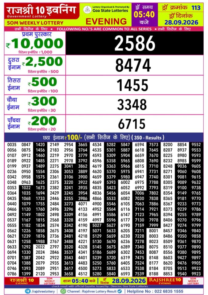 28-09-26 Rajshree 10 Evening 5:40 PM Result Lottery Result Today 28.09.26
