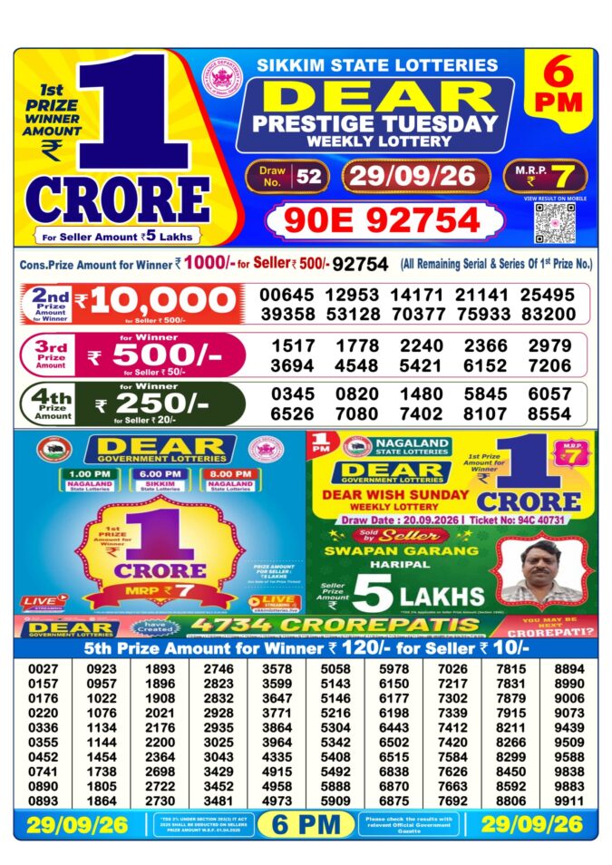 29-09-26 Sikkim State Lottery 6 PM Dear Result Lottery Result Today 29.09.26