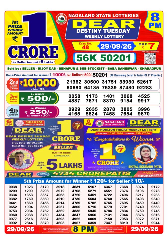 29-09-26 Nagaland Lottery Sambad 8 PM Result Dear Lottery Lottery Result Today 29.09.26