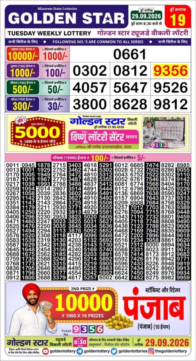 29-09-26 Golden Star Weekly 8:30 PM Result Today Lottery Result Today 29.09.26