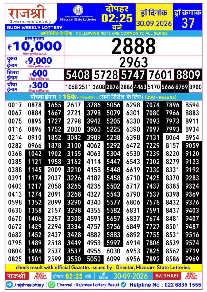 30-09-26 Rajshree Lottery 2.25 PM Result Lottery Result Today 30.09.26