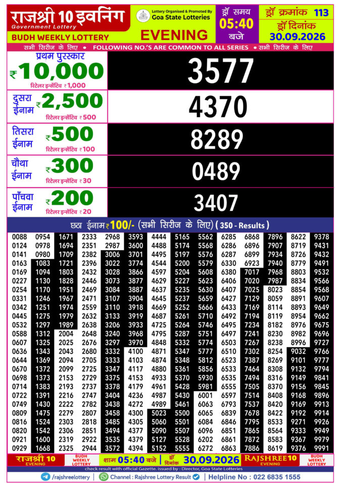 30-09-26 Rajshree 10 Evening 5:40 PM Result Lottery Result Today 30.09.26