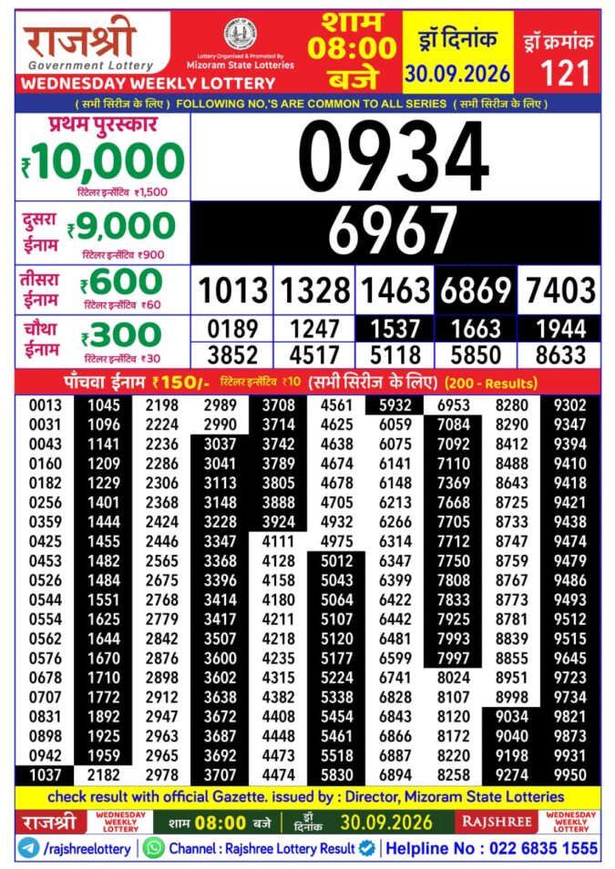 30-09-26 Rajshree Lottery 8 PM Result Today Lottery Result Today 30.09.26