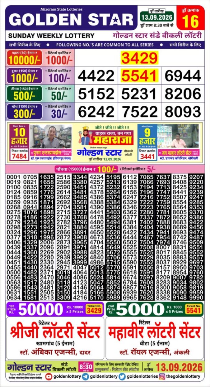 13-09-26 Golden Star Weekly 8:30 PM Result Today Lottery Result Today 13.09.26