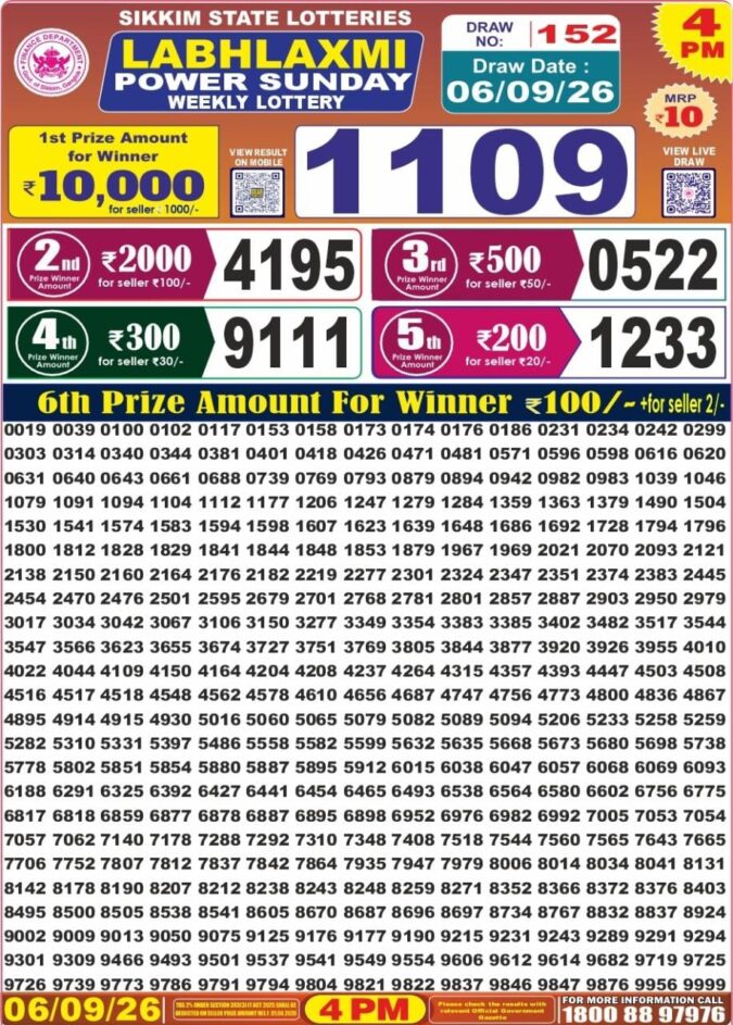 06-09-26 Labh Laxmi 4 PM Lottery Lottery Result Today 06.09.26