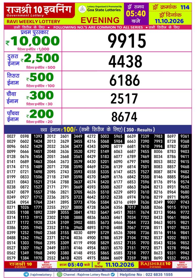11-10-26 Rajshree 10 Evening 5:40 PM Result Lottery Result Today 11.10.26
