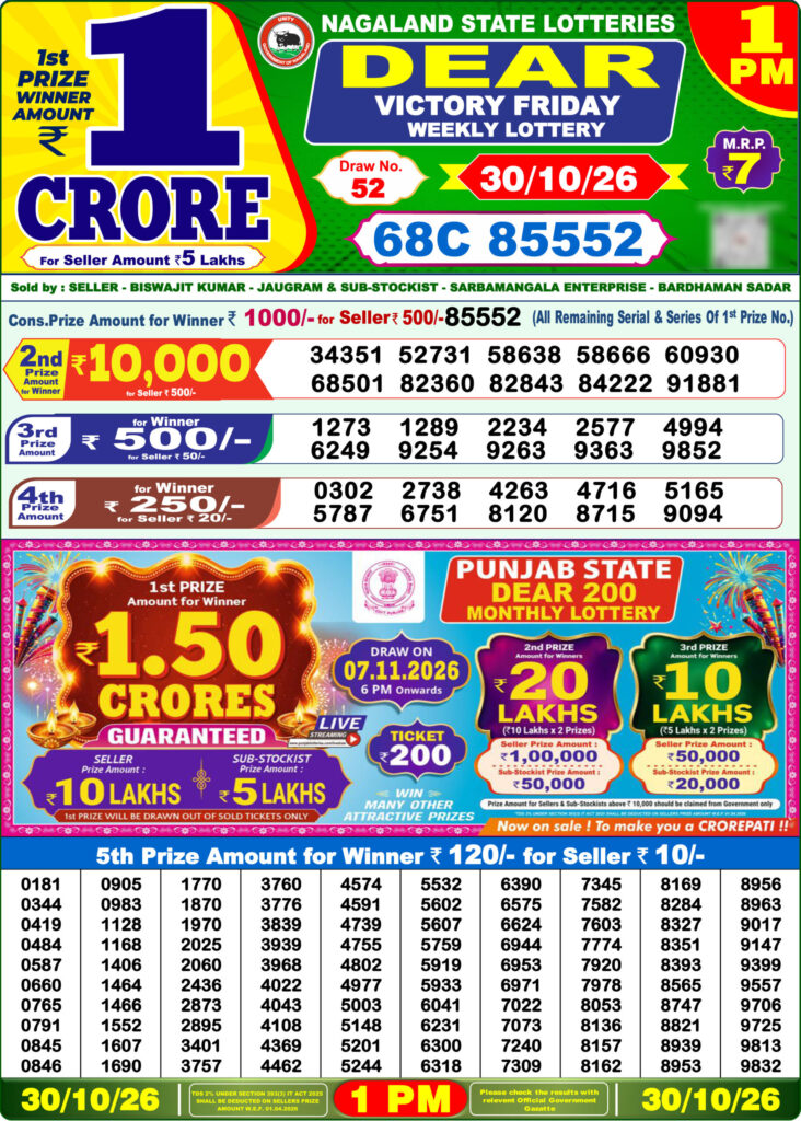 Lottery Result Today 30.10.26