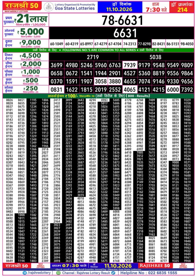 11-10-26 Goa Rajshree 50 Weekly 7:30 PM Result Lottery Result Today 11.10.26