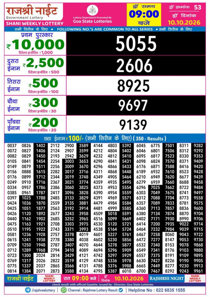 10-10-26 Rajshree Night Weekly 9 PM Result Today Lottery Result Today 10.10.26