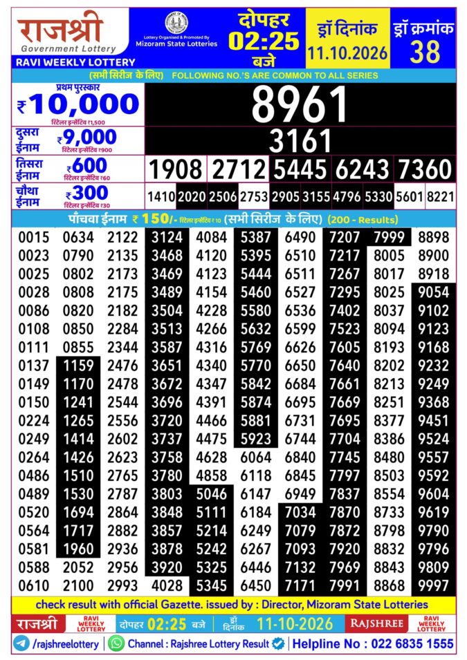 11-10-26 Rajshree Lottery 2.25 PM Result Lottery Result Today 11.10.26