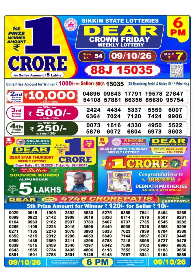 09-10-26 Sikkim State Lottery 6 PM Dear Result Lottery Result Today 09.10.26