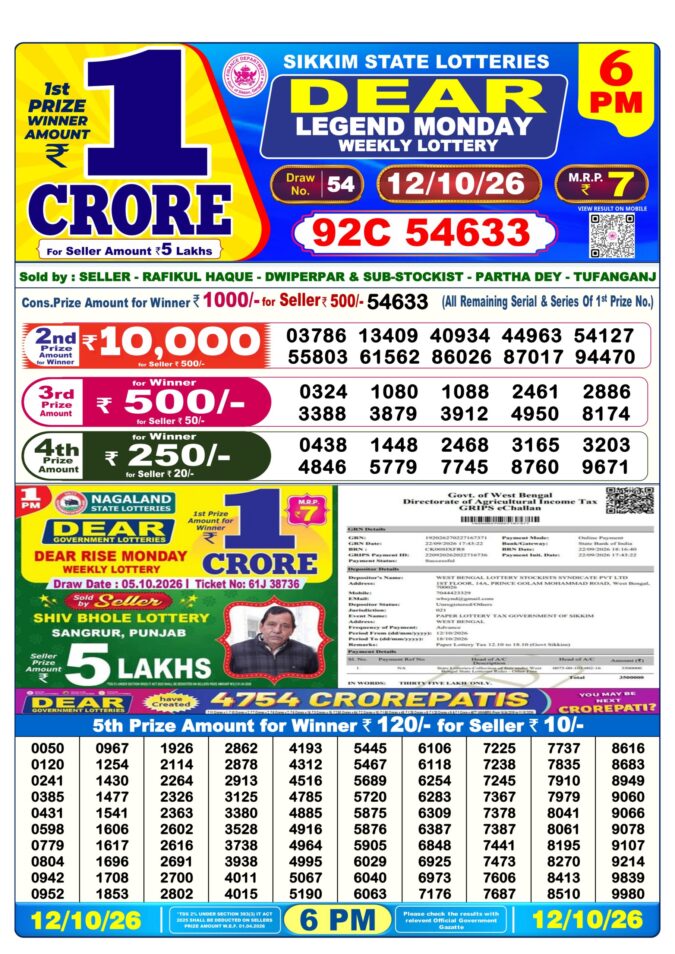 12-10-26 Sikkim State Lottery 6 PM Dear Result Lottery Result Today 12.10.26