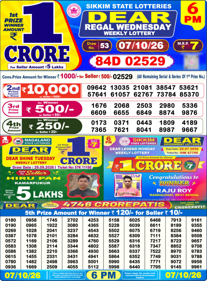 07-10-26 Sikkim State Lottery 6 PM Dear Result Lottery Result Today 07.10.26