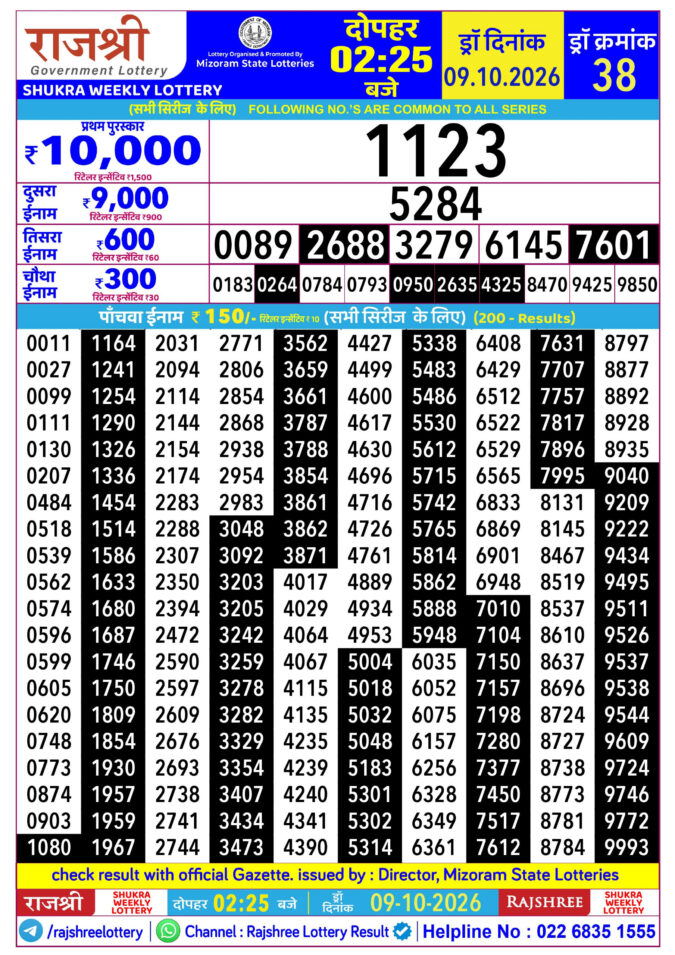 09-10-26 Rajshree Lottery 2.25 PM Result Lottery Result Today 09.10.26