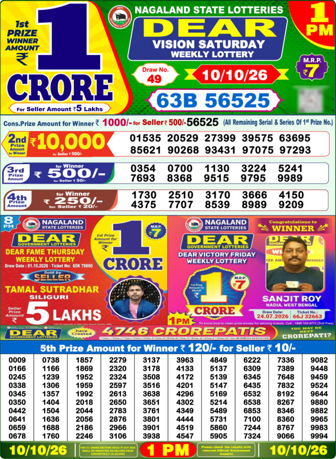 10-10-26 Lottery Sambad 1 PM Result Dhankesari Lottery Result Today 10.10.26