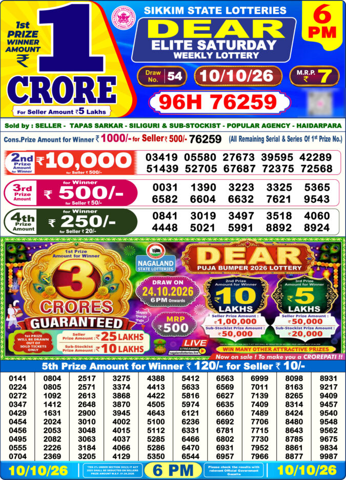 10-10-26 Sikkim State Lottery 6 PM Dear Result Lottery Result Today 10.10.26