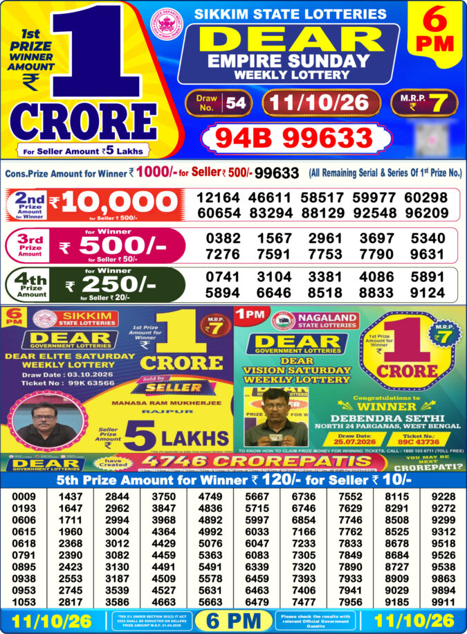11-10-26 Sikkim State Lottery 6 PM Dear Result Lottery Result Today 11.10.26