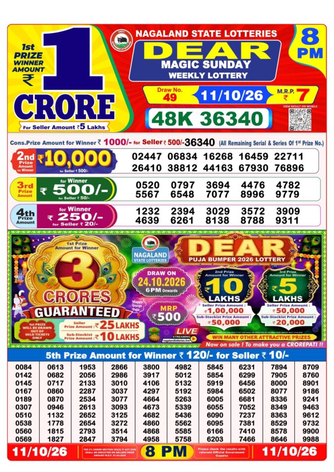 11-10-26 Nagaland Lottery Sambad 8 PM Result Dear Lottery Lottery Result Today 11.10.26