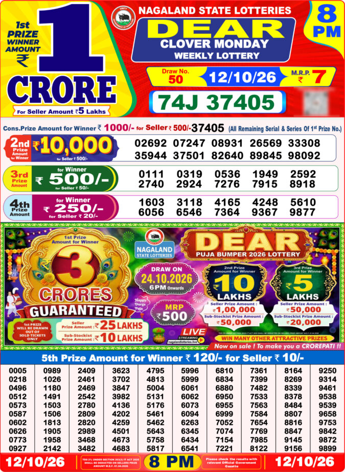 12-10-26 Nagaland Lottery Sambad 8 PM Result Dear Lottery Lottery Result Today 12.10.26