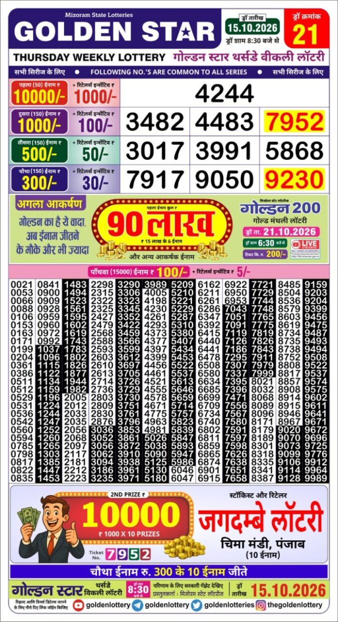15-10-26 Golden Star Weekly 8:30 PM Result Today Lottery Result Today 15.10.26