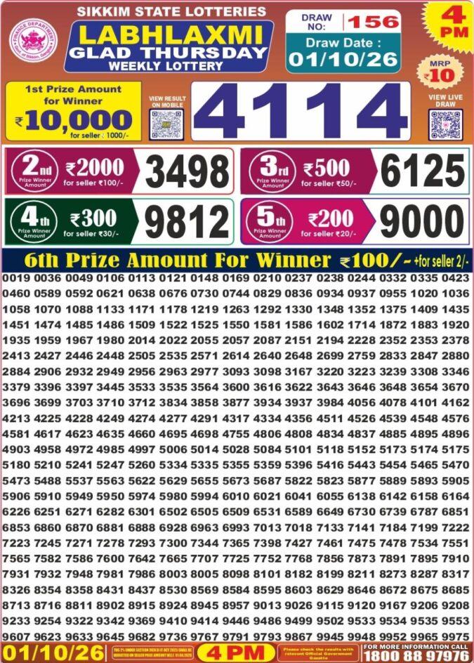 01-10-26 Labh Laxmi 4 PM Lottery Lottery Result Today 01.10.26